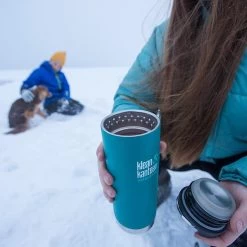Klean Kanteen Insulated TK Wide With Café Cap 473ml - Brushed Steel -Outdoor Camping Store K16TKWPCC EB bottle in snow lifestyle